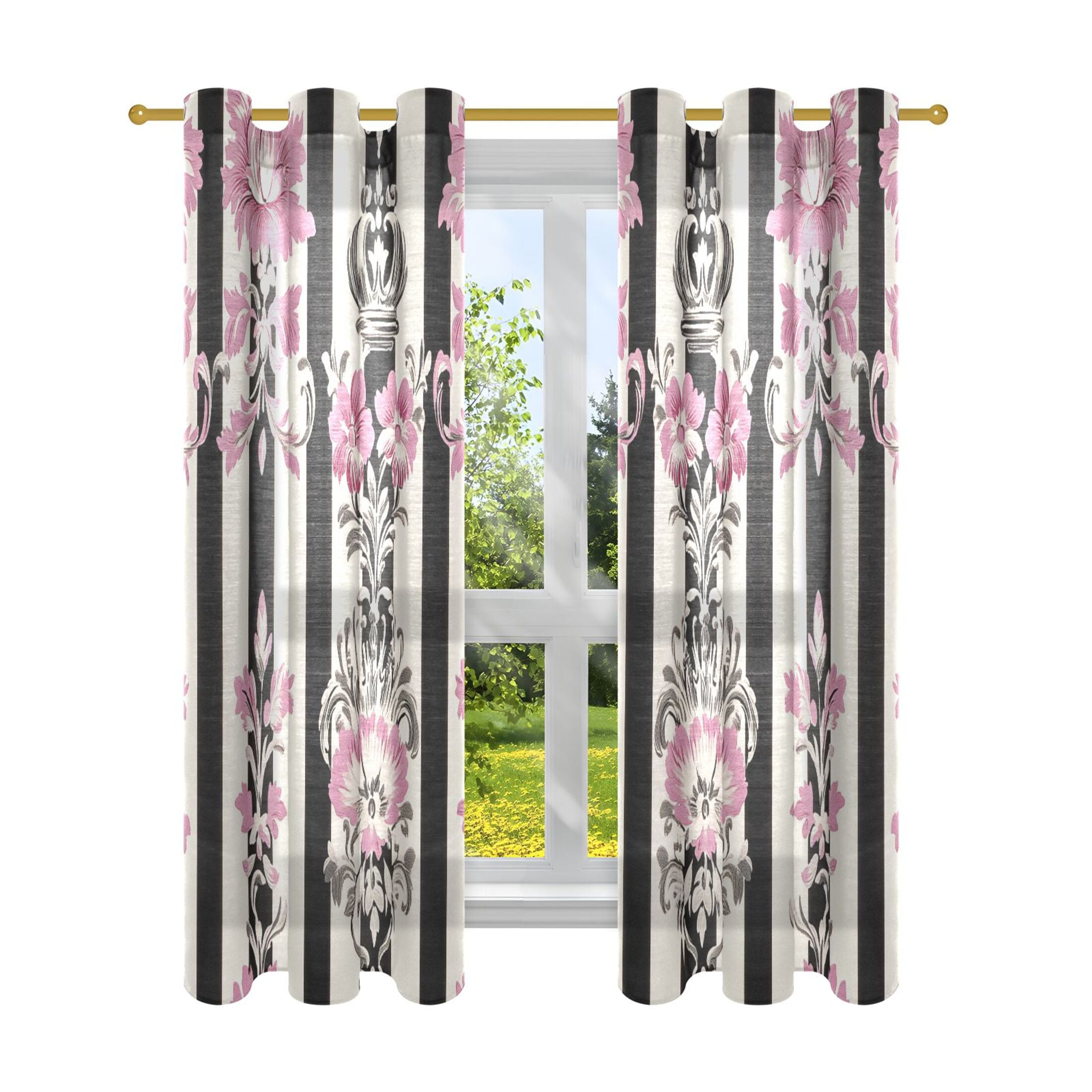 INK+IVY NEA 100% Cotton Curtain Panel, 50x84", Boho Stripe With Tassel Trim, Rod Pocket, Off White/Gray