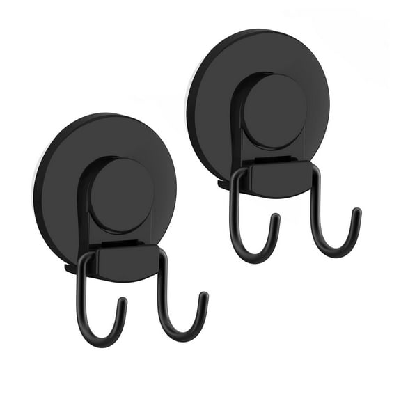 Shower Suction Cup Hooks, Heavy Duty, Removable and Reusable, Double Hooks, Black, 2 Pcs