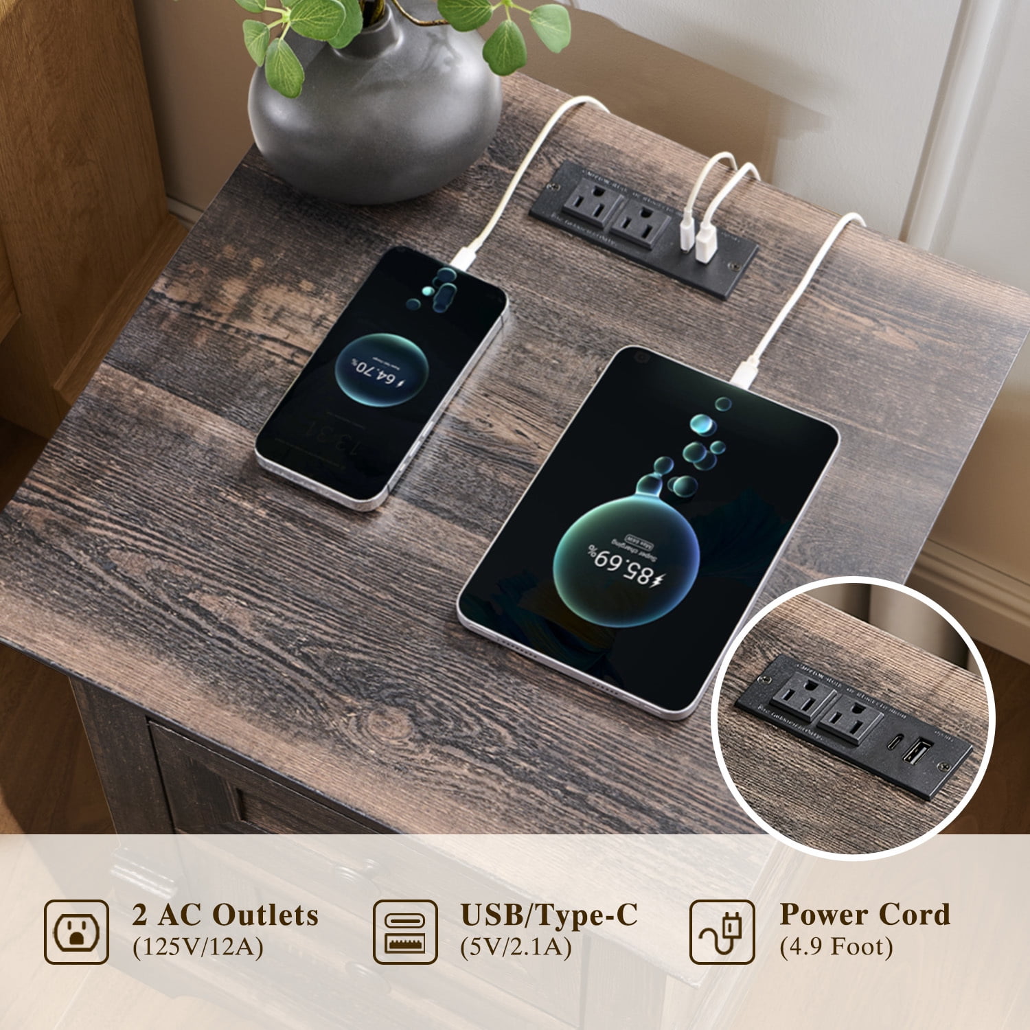KeyWhat Farmhouse 2-Drawer Nightstand with Charging Station, 18" Wooden End Table for Bedroom, Living Room, Dark Rustic Oak