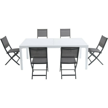 Cambridge Palermo 7-Piece Outdoor Dining Set with 6 Folding Sling Chairs in Gray and a White 40" x 118" Expandable Dining Table