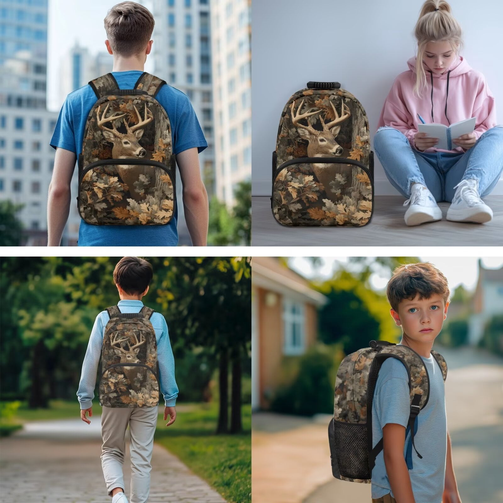 Pzuqiu Camouflage Deer School Backpack for Kids Backpacks Girls Backpack with Lunch Box Pencil Bag 2pcs Bookmark 4 pcs Bookbag for Elementary School Large Travel Back Pack