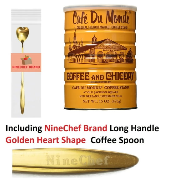 NineChef Set - Cafe Du Monde Coffee with Chicory 15-Ounce Dark Roast Ground Ground (1 Pack) Plus NineChef Ice Tea Coffee Spoon