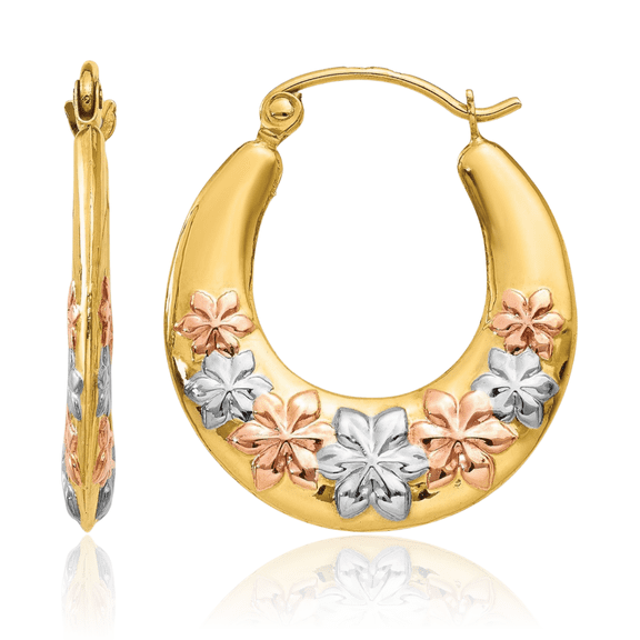 14K Solid Two Tone Yellow White Gold Rose Flowers Medium Hoop Earrings