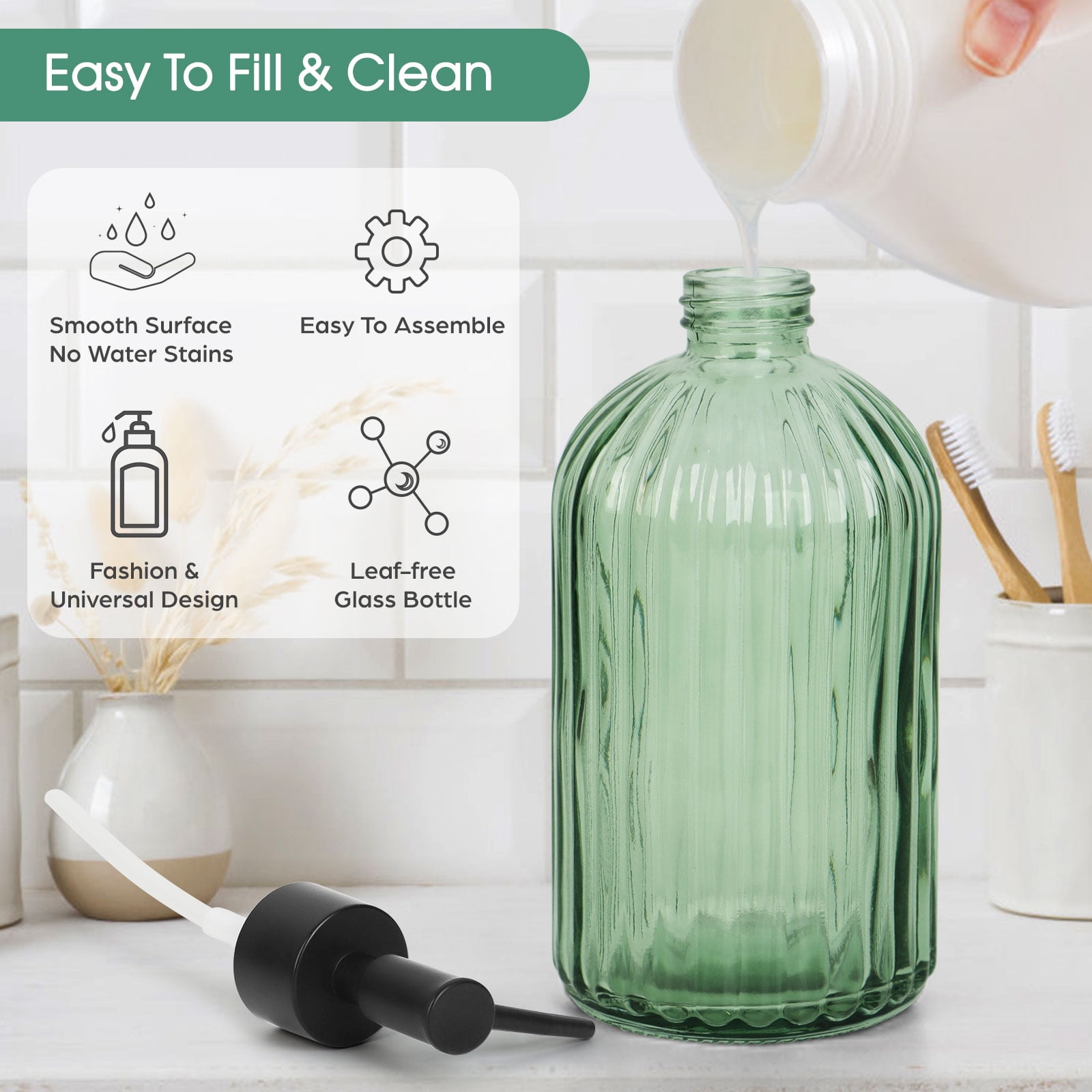 Vintage Ribbed Green Glass Dispenser, 13oz Large Capacity, Multi-Purpose Emulsion/S soap Dispenser (Suitable for Essential Oil Lotion, Shower Gel, Hand Soap, etc.)