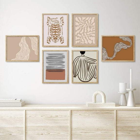 PixonSign Framed Canvas Print Wall Art Set - Mid-Century Paint Stroke & Humanities Pattern - Set of 6 Minimalism Abstract Geometric Poster Cultural Art Wall Décor - 8"x10"x6 Natural