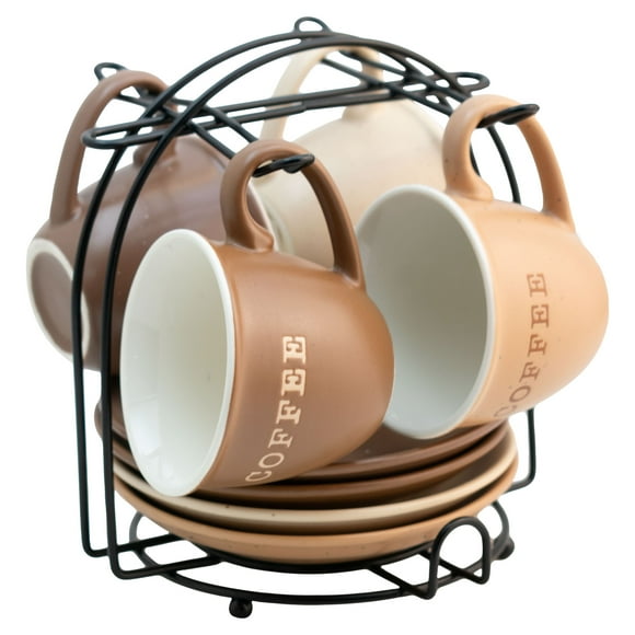 Set De 4 Tazas De Porcelana para Esperesso Con Platos y Rack Organizador, Juego Organizador en Tonos Tierra, Perfectas para Espresso individual, Doble o Capuchino