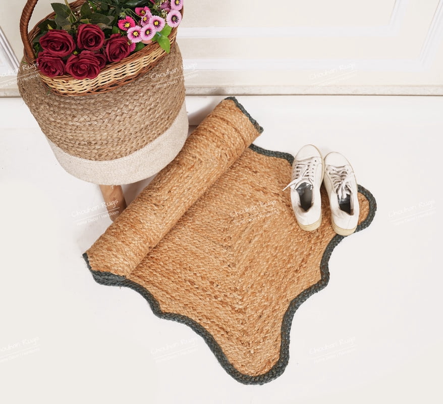 Rectangle Rug Natural Jute Rug Hand Braided Beige and Gray Color Area Rug