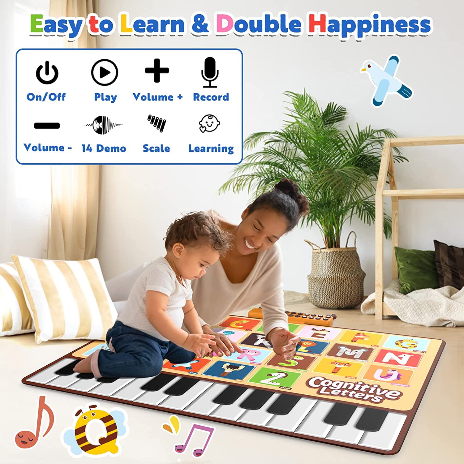 Allaugh Baby Musical Mat with 26 Letters Kids Piano Keyboard Playmat Children Crawling Blanket Toy 27.56" x 39.37" for 1-4 Years Old Kids