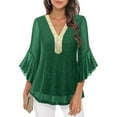 thumbnail image 2 of Oksale Ruffle 3/4 Sleeve Blouses for Women Sparkling Sequin Tops Sexy Deep V Neck Fall Shirts for Formal Wedding 2025 Green S, 2 of 10