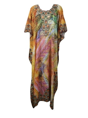 Mogul Women Bohemian Jewel Print Round Neck Maxi Caftan Kimono CoverUp Beach Wear Long Dress
