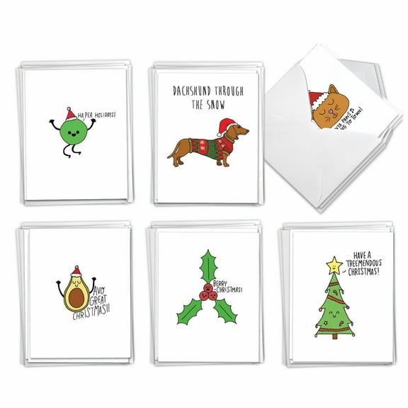 The Best Card Company 36 Assorted Christmas Notes Box Set 4 x 5.12 Inch with Envelopes (6 Designs, 6 Each) Fun Christmas Puns AM5079GXSG-B6x6