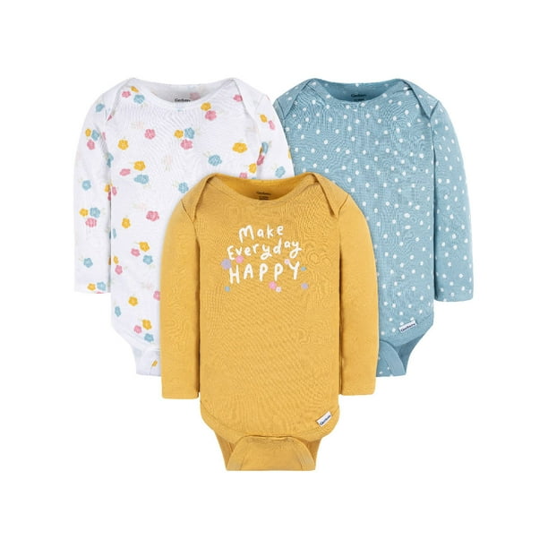 Gerber Essentials Set 3 pañaleros manga larga para niña 3 meses
