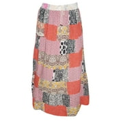 Mogul Womens Indan Maxi Skirt Vintage Ethnic Printed Gujarat Patchwork Dori Skirts