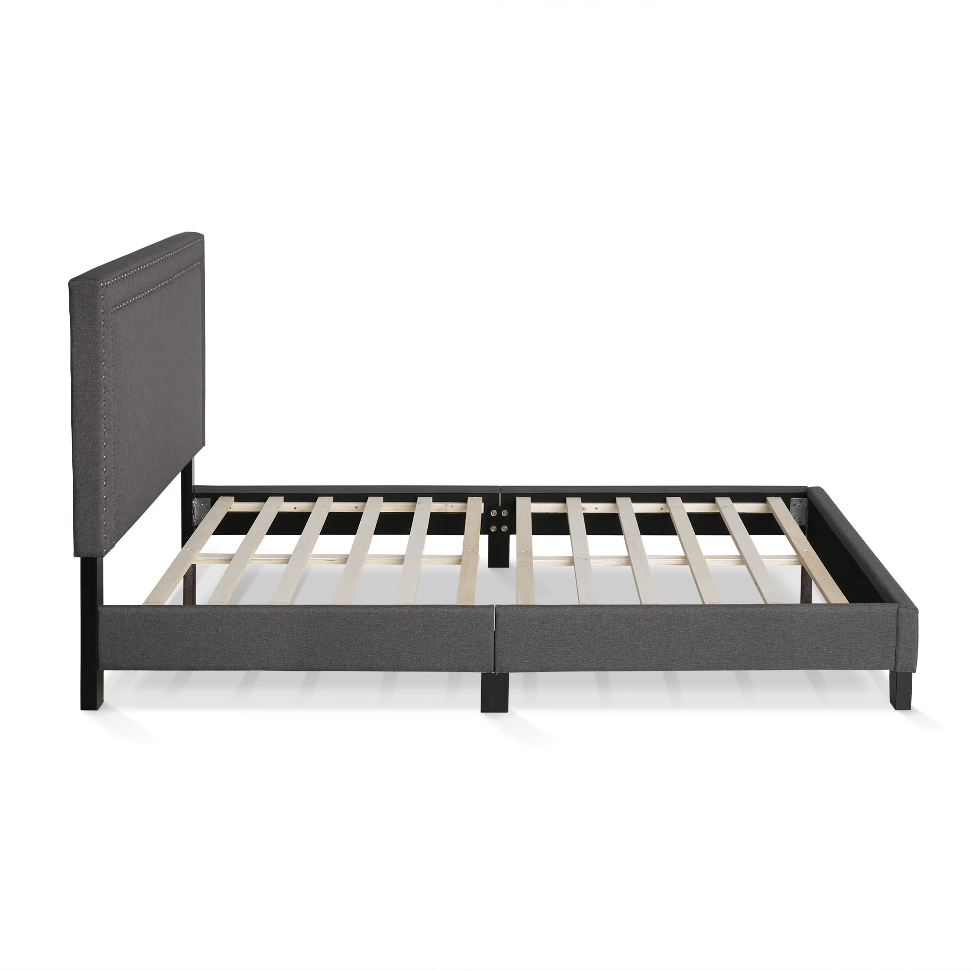 Furinno LAVAL Full Upholstered Bed Frame with Double-Row Nailhead Headboard and 12-Piece Wooden Slat Support, Dark Grey