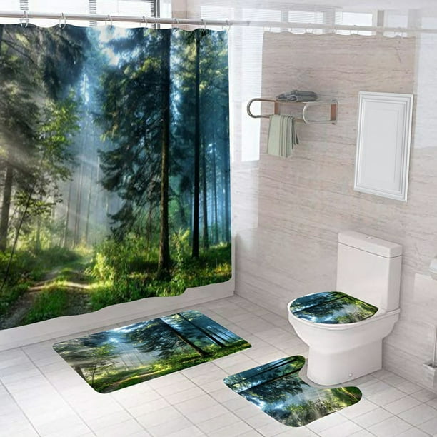 Cortina de ducha de 4 piezas con diseño de bosque, amanecer en el bosque caducifolio de principios de otoño, imagen de temporada de bosque salvaje, juego de decoración de baño de tela con ganchos