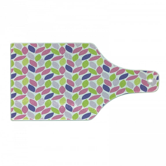Natural Cutting Board, Pattern of Leaf Natural Botanic Illustration Creativity Ornate, Decorative Tempered Glass Cutting and Serving Board, Wine Bottle Shape, Pink Purple Lime Green, by Ambesonne