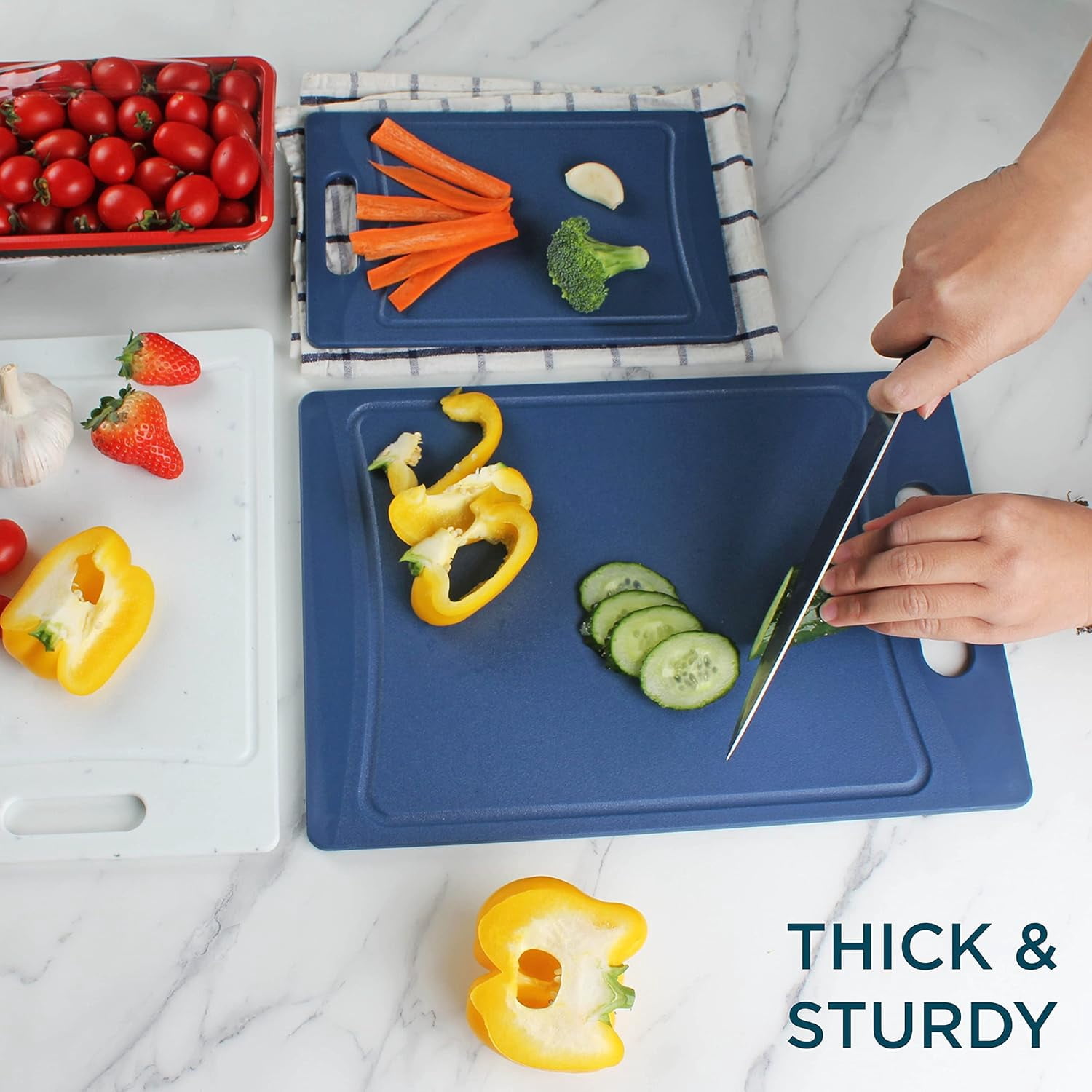 COOK WITH COLOR 3-Piece Cutting Board Set, Non-slip Chopping Board Kitchen Utensils Set Home Essentials, Blue White