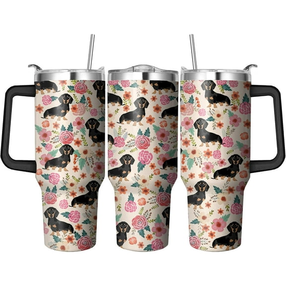 40 Oz Dachshund Tumbler with Handle and Straw, Double Wall Stainless Steel Dog Mug, 40 Oz Dog Coffee Mugs for Dog Lovers, Dog Dad Mug or Dog Mom Tumbler Dachshund Gifts for Women and Men