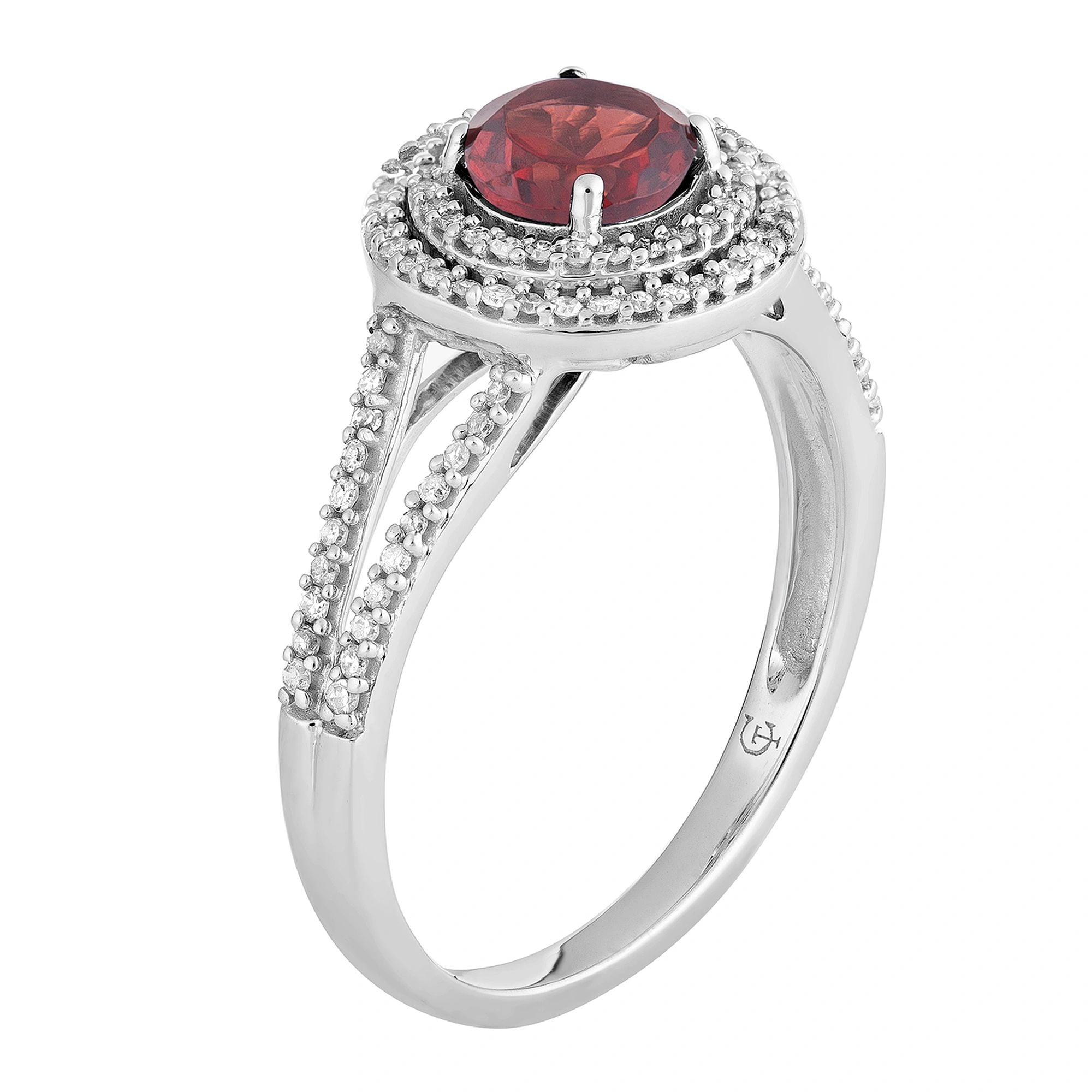 10k White Gold Garnet & 1/3 Carat T.W. Diamond Double Halo Ring