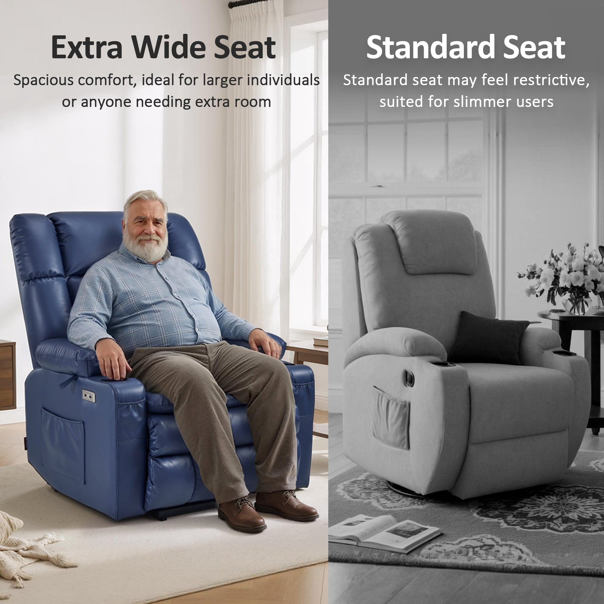 MCombo Oversized Dual Motor Power Lift Recliner Chair for Big Tall Elderly, Infinite Position, Faux Leather, Blue
