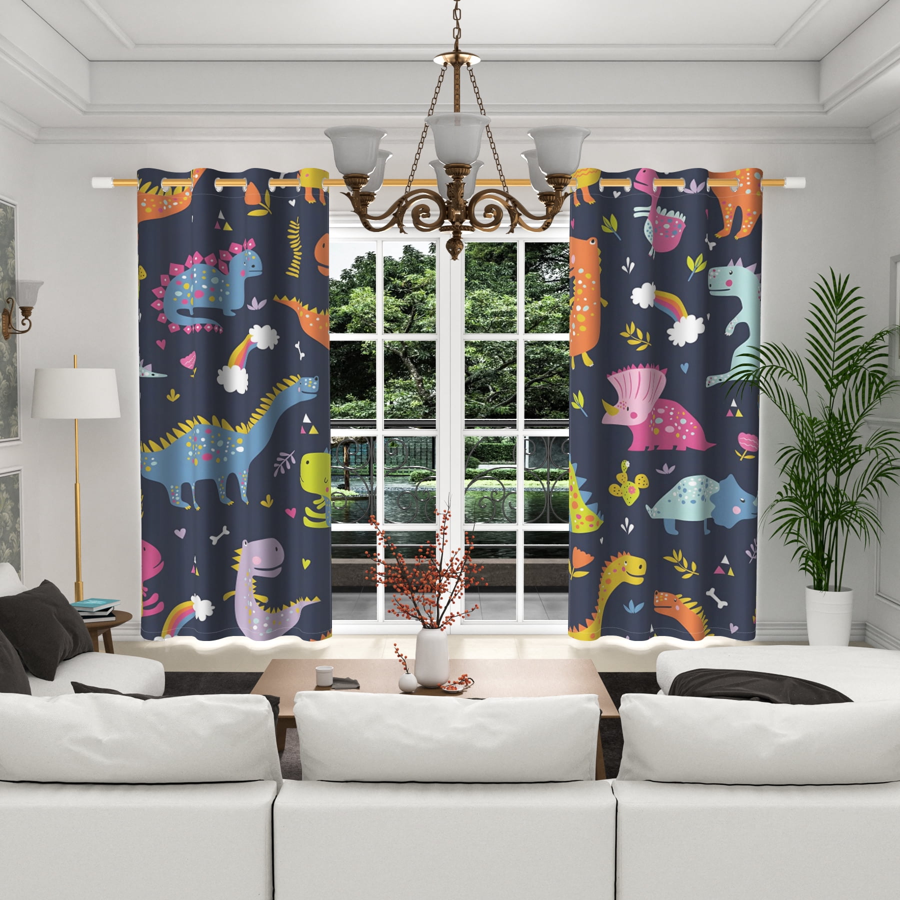 Lfeey Cute Dinosaur Cartoon Kids Room Blackout Curtains, Room Darkening Grommet Curtains, Black, 42x63 in, 2 Panels