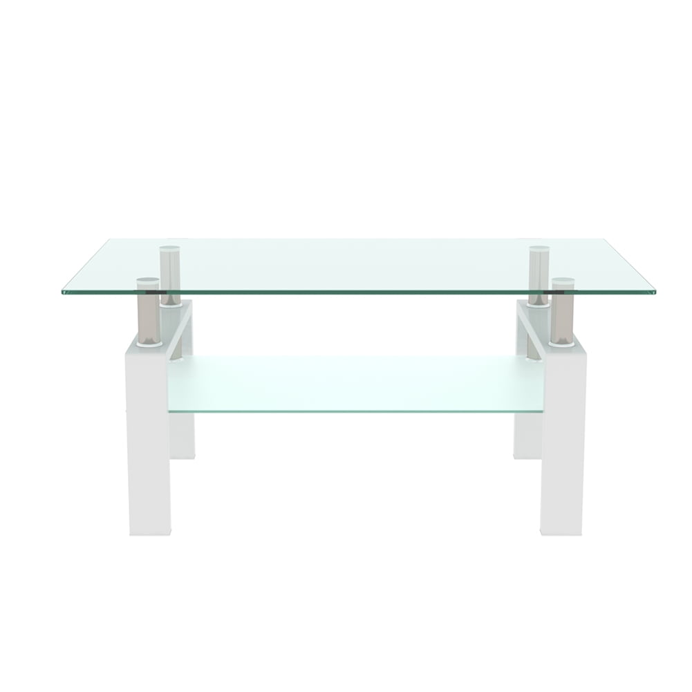 Kadyn Coffee Table, Clear Coffee Table with Storage Rack, Tempered Glass Modern Side Center Tables for Living Room, White Tube Kadyn Coffee Table, Clear Coffee Table with Storage Rack, Tempered Glass Modern Side Center Tables for Living Room, White Tube