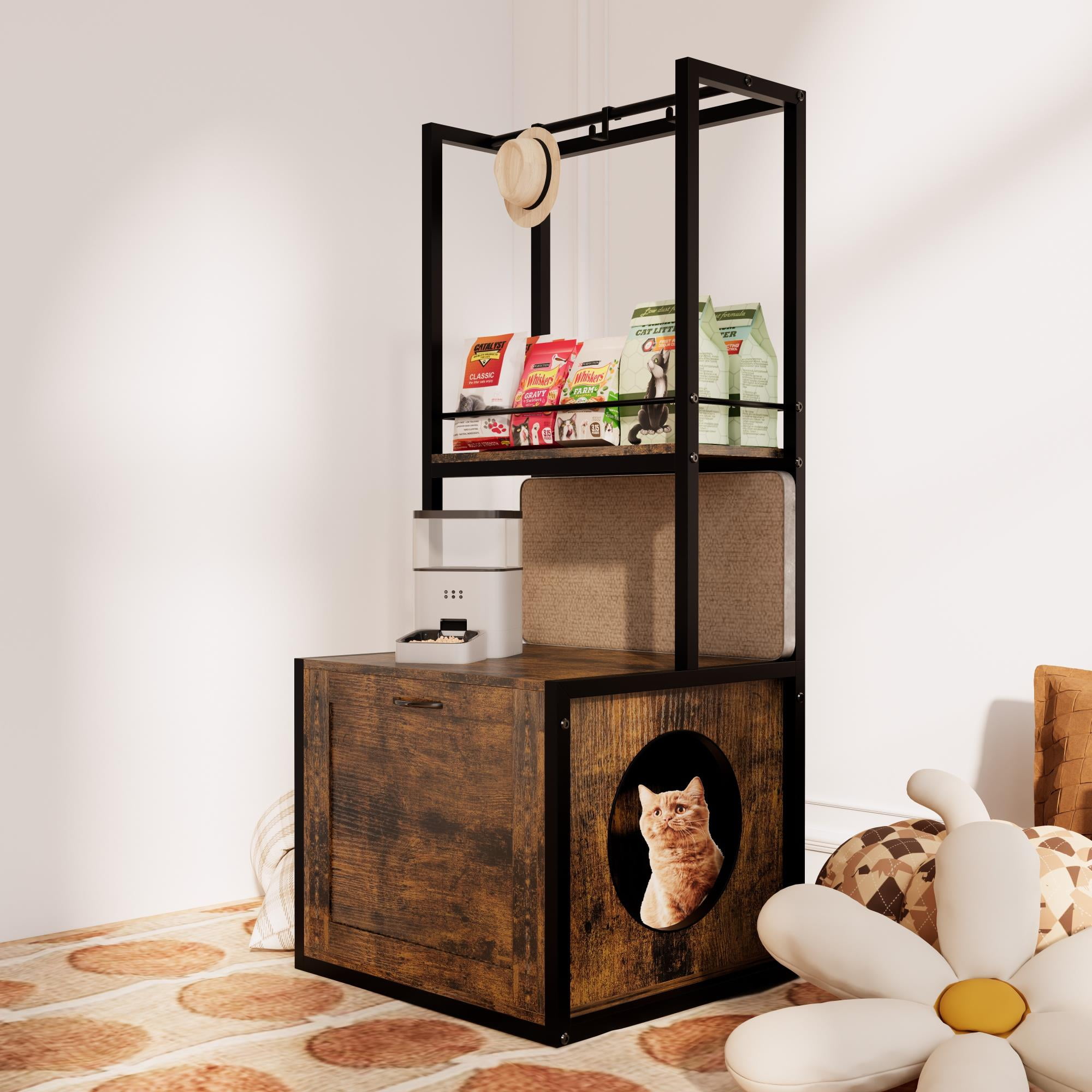 Kadyn 55" Wooden Cat Litter Box Cover Enclosure with Storage Shelves, Hidden Cat House Washroom, Spacious Storage, Fit Most of Litter Box, Brown