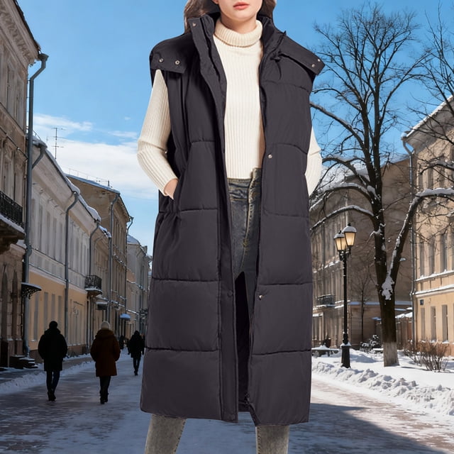 Pincandy Veste Sans Manches en Duvet pour Femmes avec Col Montant, Épaisse, à Capuche, Longue