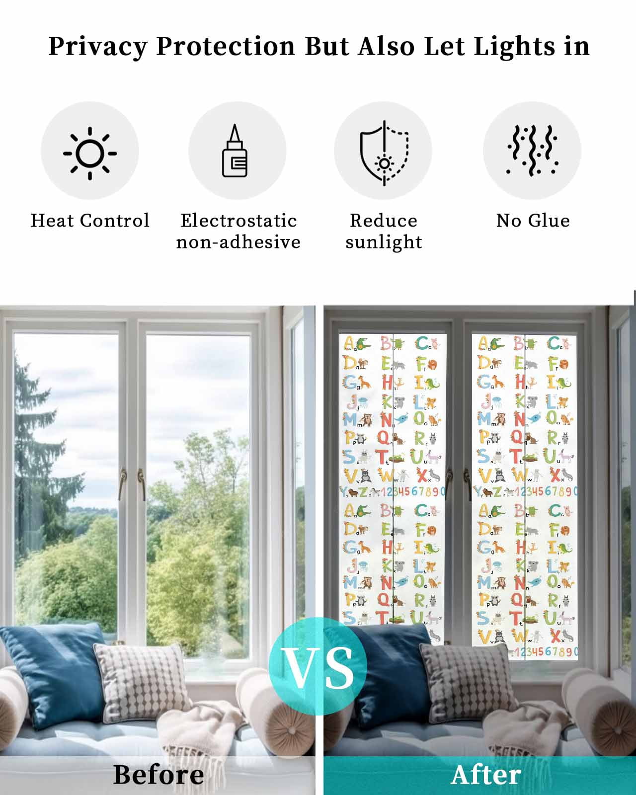 Window Privacy Film Children's Alphabet Stained Glass Window Film Decorative Sun Block Window Cover Colorful Cute Animals Numbers Window Clings Static Adhesive Sticker for Bathroom 29.5"x118"