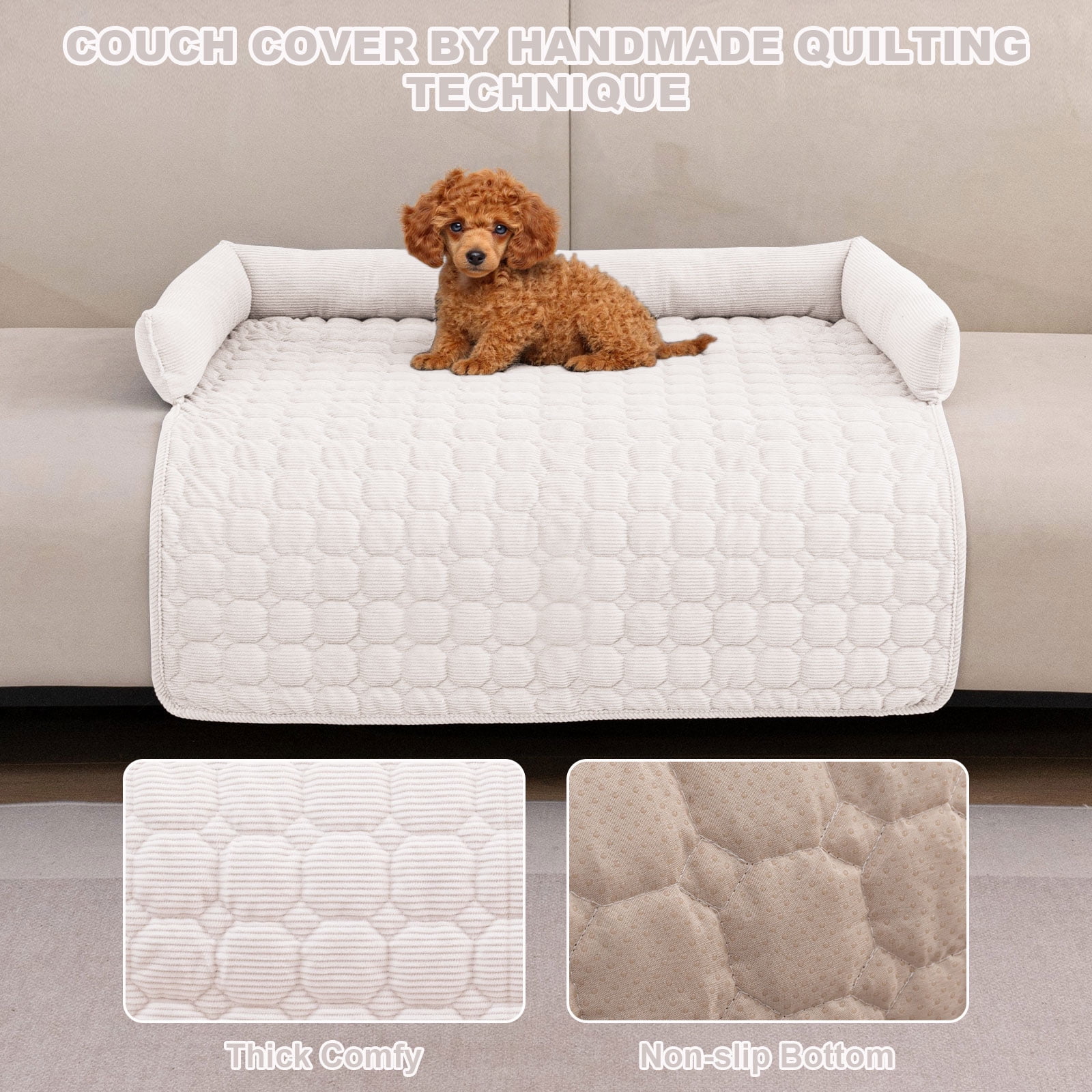 Eurhowing Dog Couch Cover 30"x30", Corduroy Dog Bed Mat for Couch with 3 Side Dog Pillow, Washable Sofa Cover Pet Furniture Protector for Dogs&Cats, Off-White