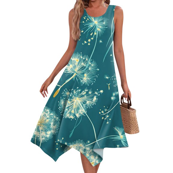 Women's Vintage Floral Print Sleeveless Midi Dress Round Neck Asymmetric Hem Casual Dress with Elastic Cuffs for Weekend Getaways,Army Green L