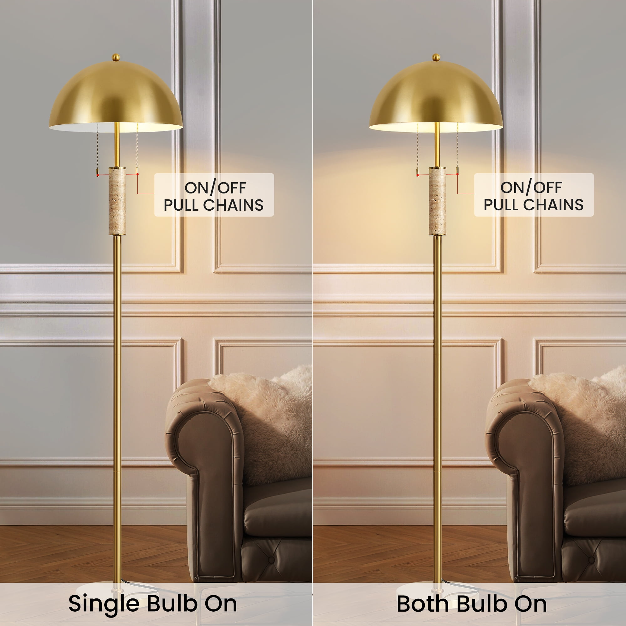 Modern Gold Metal Floor Lamp with Metal Dome LightShade, Pull-Chain Switch, Soft Ambient Light for Living Room Bedroom.