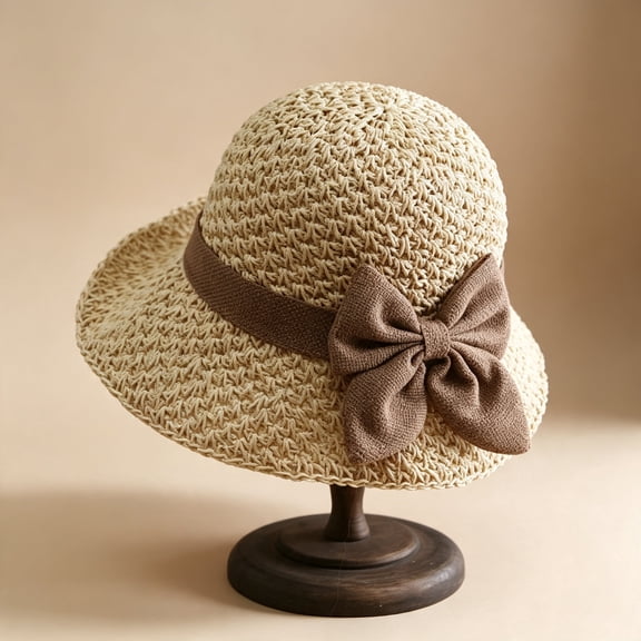 Women’s Summer Bow Decor Cloche Sun Hat, Packable Wide Brim UPF 50 Hat, Casual Vacation Accessory for Beach Camping Gardening Outdoor Activities (beige)