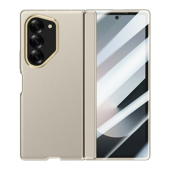 TECH CIRCLE for Samsung Galaxy Z Fold 6 Case Built-in Screen Protector,PU Leather Texture Full Protection Kickstand Case with Spring Hinge Protection for Samsung Galaxy Z Fold 6 7.6" 2024, Lightgray