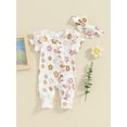 thumbnail image 2 of vera natura Baby Girls Rompers Floral Print Fly Sleeve Round Neck Frills Infant Bodysuits Summer Clothes with Headband, 2 of 8