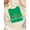 thumbnail image 3 of "Here Comes The Sun" Quote Half Of Sun Graphic Above Women Kelly Green T-Shirt, Female x-Large, 3 of 4