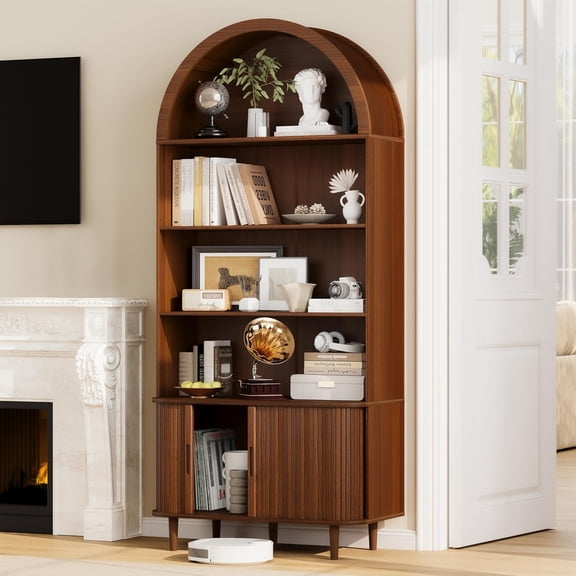 71" Tall Arched Bookshelf, 5 Tiers Arch Bookcase with Storage, Modern Farmhouse Book Shelf with Adjustable Shelves &Sliding Doors, Wood Display Cabinet for Living Room, Office (Walnut Brown)