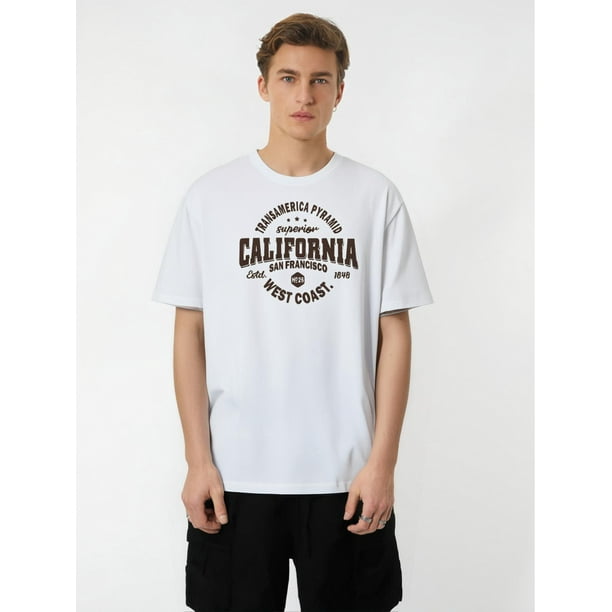 Camiseta informal de cuello redondo para hombre con letras de California, ligeramente elástica, manga corta de verano, estampado moderno, corte regular - 180 g/m², camisetas de ocio
