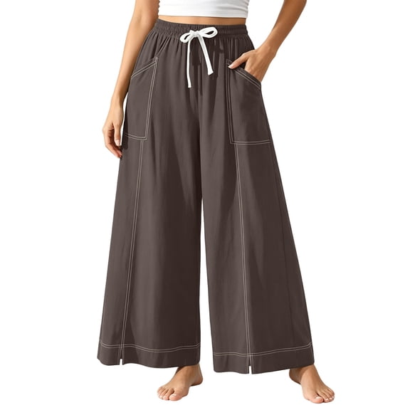 Edvintorg Yoga Pants with Pockets for Women Elastic Waisted Casual Loose Lightweight Wide Leg Athletic Trousers Women Clothing Brown XL
