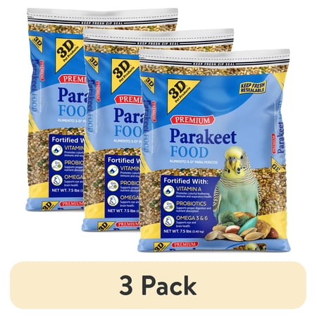(3 pack) 3-D Pet Products Premium Parakeet Bird Food, with Probiotics, 7.5 lb. Zipper Seal Bag, for Daily Feeding