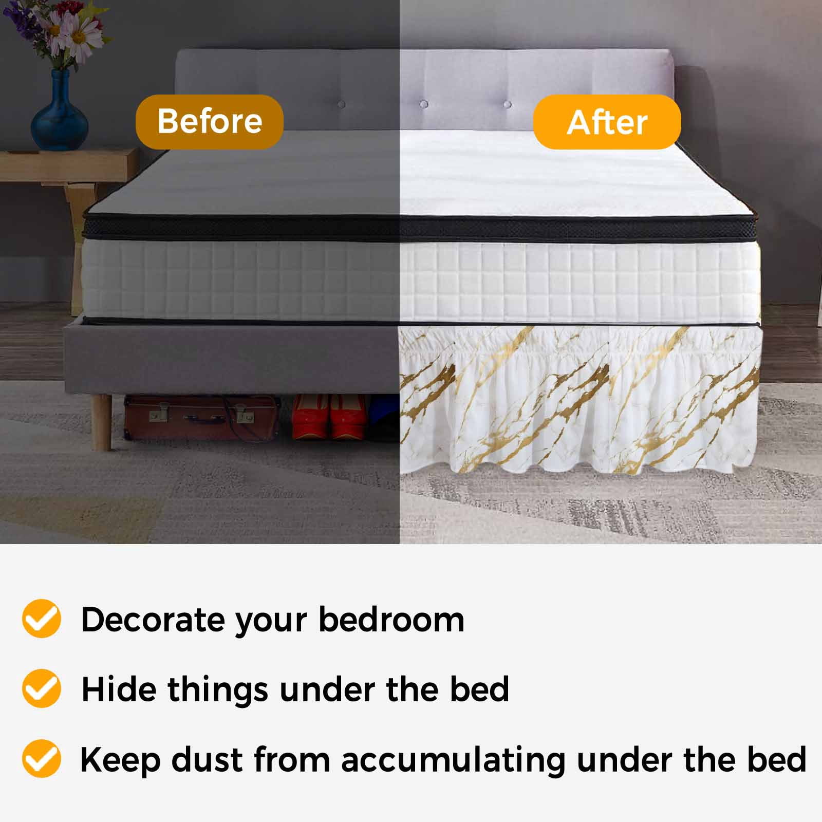 White Gold Modern Bed Skirt Queen Size, Abstract Vintage Marble Geometric Wrap Around Bed Skirting with Adjustable Elastic Strap, Dust Ruffle Pleated Bedskirts 18 Inch Drop for Bedroom Queen Beds