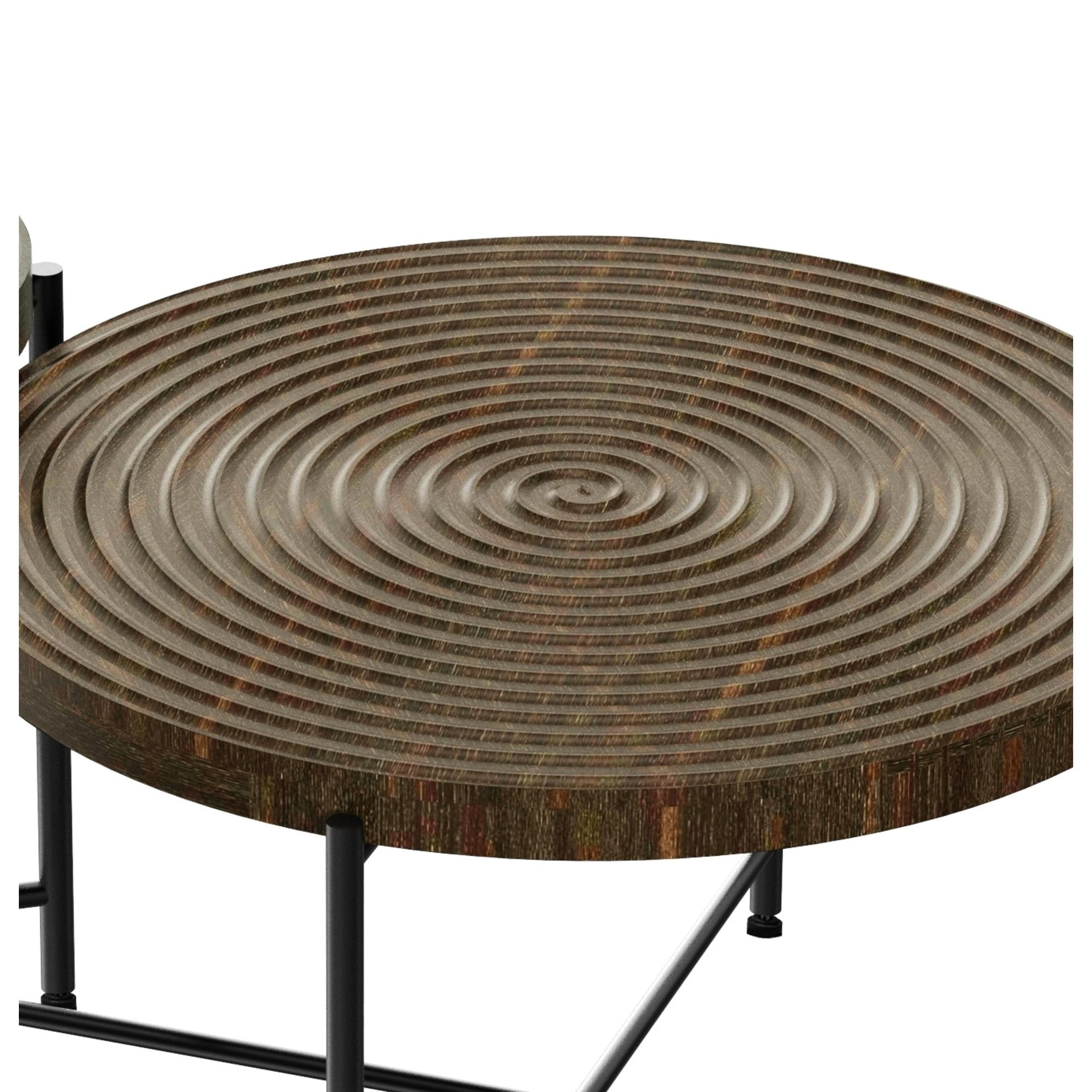GDF Studio 2-Piece Coffee and End Table Set with Radial Ring Pattern Tabletops, Black Metal Legs, Walnut Brown