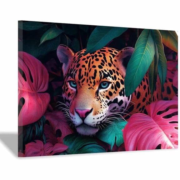 Mudket Framed leopard in Pink & Green Jungle Leaves Canvas Wall Art, Colorful Leopard Print Wall Decor, Tropical Jungle Wall Art Ready to Hang - 12"L x 8"W