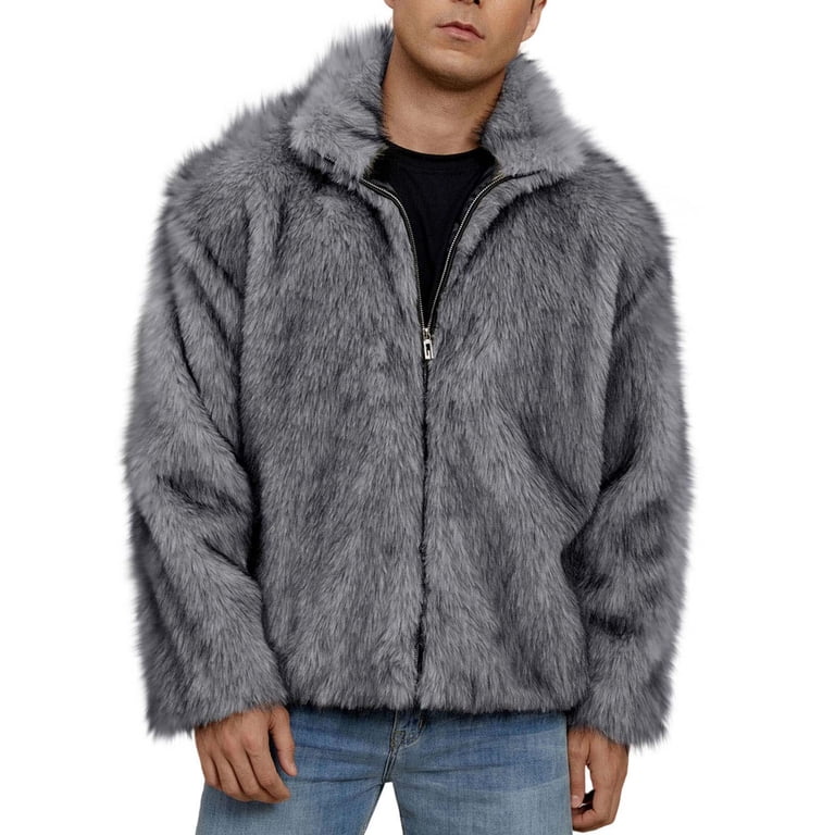 Xcmzpl Faux Fur Jackets for Men Full Zip Lapel Collar Winter Coats