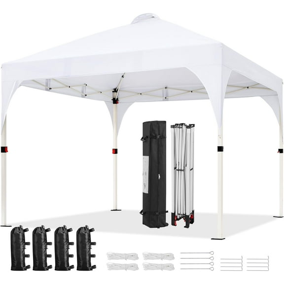 ZOPan 10x10 Pop Up Canopy Tent with Vent, Easy Set Up Tent, Instant Sun Shelter Canopy with Wheeled Bag, 4 Sandbags, 12 Stakes & 4 Ropes, for Parties, Beach, Outdoor, White