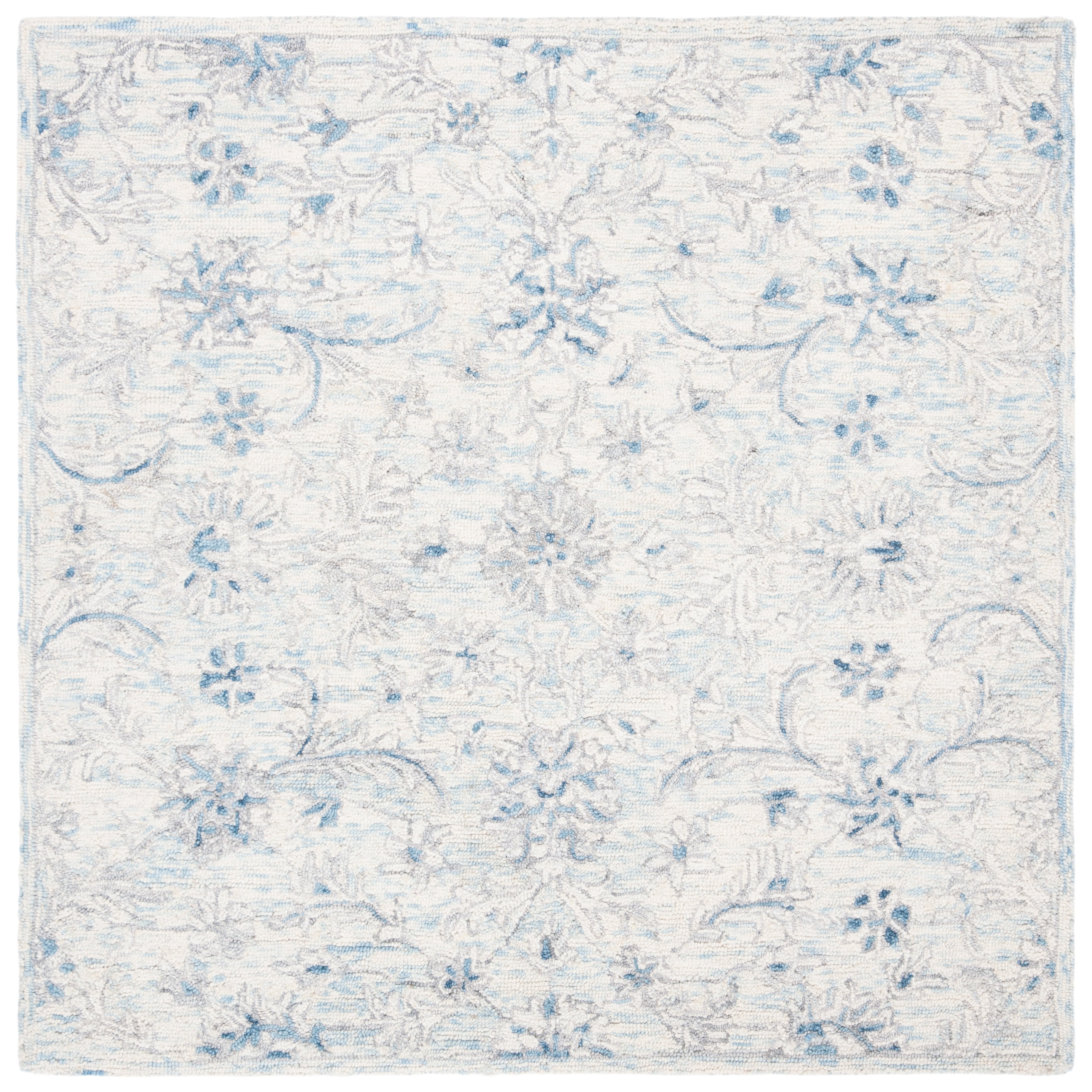 SAFAVIEH Micro-Loop Carl Floral Overdyed Wool Area Rug, Light Blue/Ivory, 5' x 5' Square