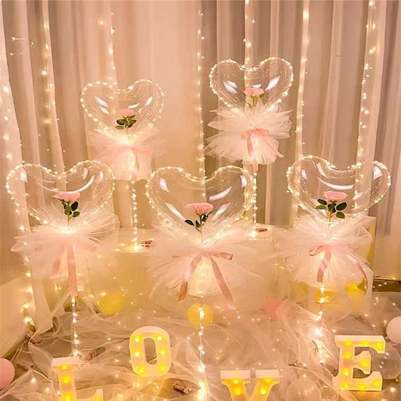 JeashCHAT Valentine's Day Luminous Balloon Rose Bouquet Led Light Up Ball with Rose Set Wedding Glow Bubble Balloons with String Lights for Girl Women Anniversary Birthday Gift