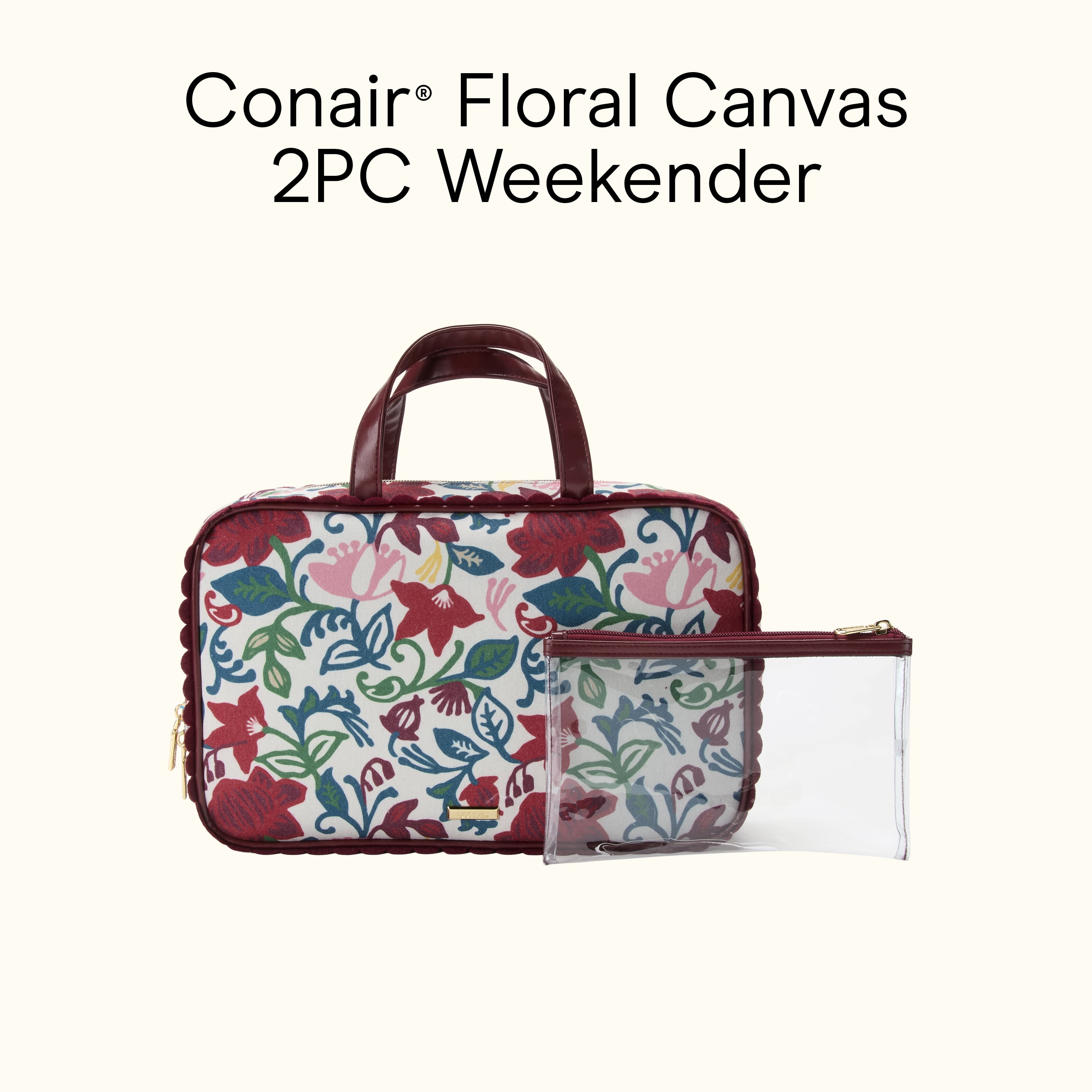 Conair Floral Canvas Weekender Cosmetic Bag with Removable Pencil Case, 2-Piece Set