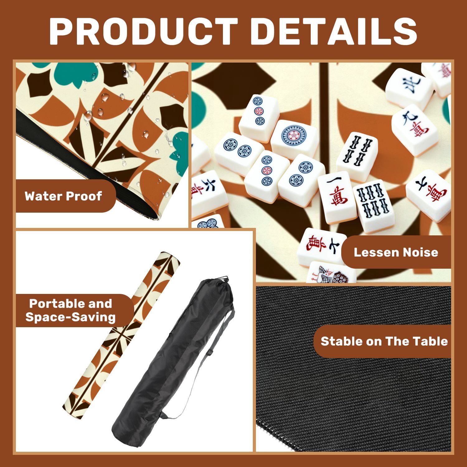 Mahjong Mat 31.5" x 31.5" Retro Floral Geometric Teal Brown Accents Non-Slip Noise Reduction American Mahjong Tiles Table Cover for Dominoes Poker Card Board Games Gift