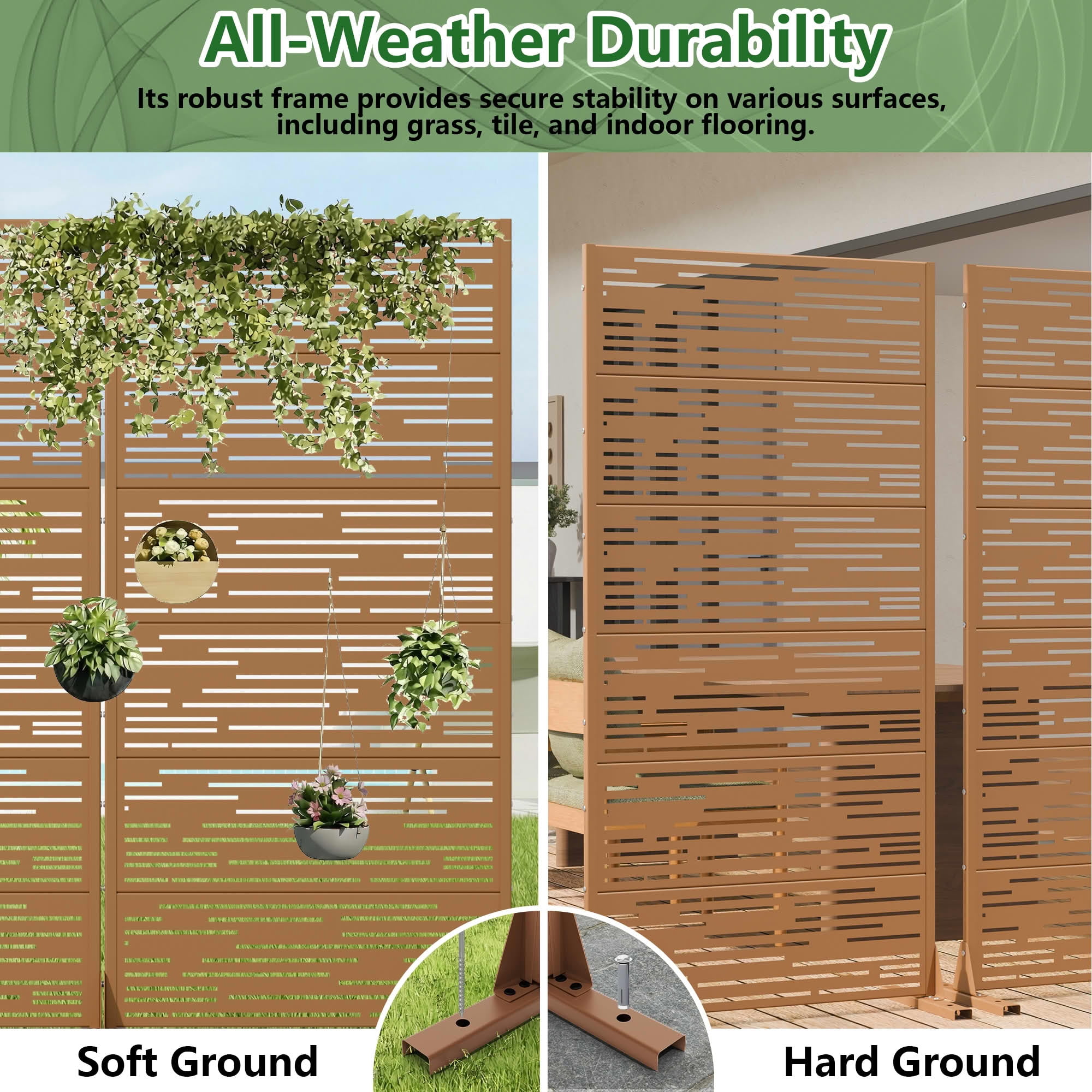 MAYEERTY 2-Piece Outdoor Metal Privacy Screen 6ft × 3ft Brown, 6-Panel Light & Shadow Pattern, Rust-Resistant for Garden